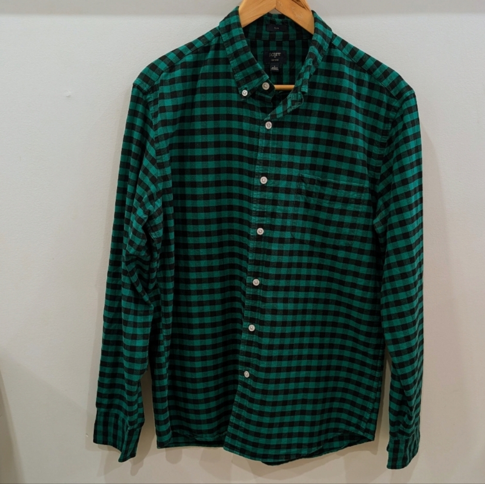 J.CREW | Men's Green/Blk Plaid Oxford Slim Fit Button Down Long Sleeved Shirt